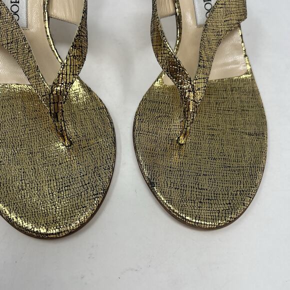 Jimmy Choo Gold Textured Leather Thong Wooden Heel Sandals Size 38 EU Y2K NYE - Picture 3 of 9